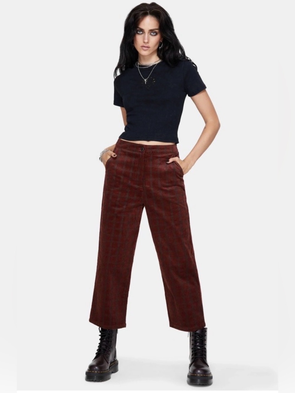 NWT Disturbia Terracotta Cotton Cord Check Straight Leg Crop Trousers size US 12